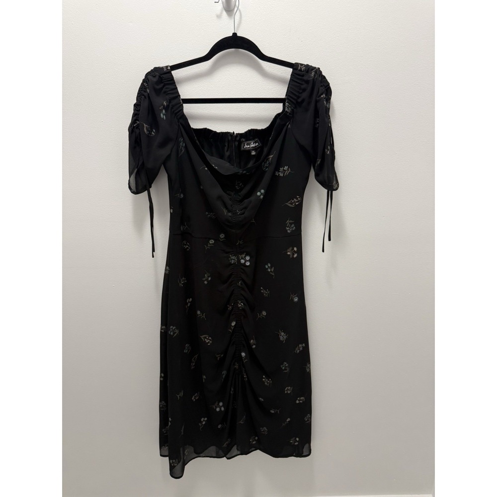 Sam Edelman Black Floral Ruched Mini Dress Size 14 Puff Sleeve Sheer Overlay